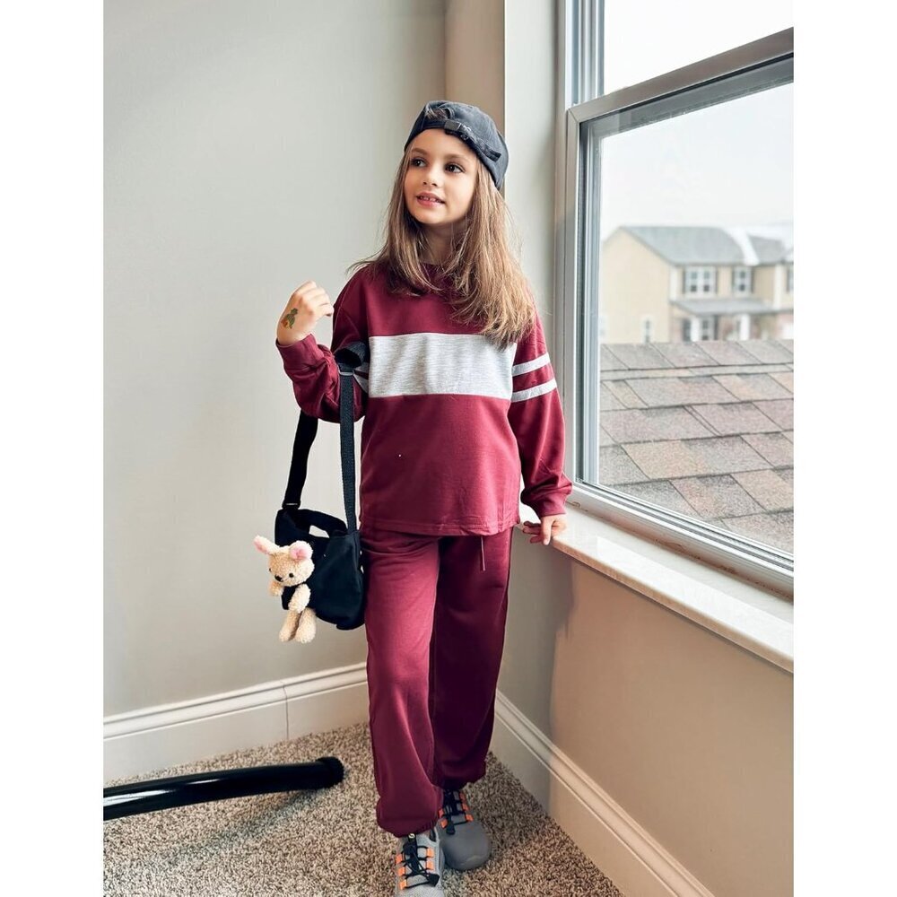 Girls' Clothing Sets Sweatsuits Long Sleeve Color Block Pullover Sweatshirts and - Picture 6 of 8